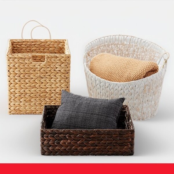 water hyacinth baskets in tan, brown, and white